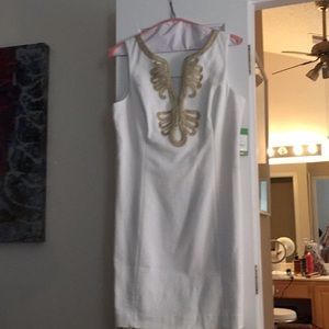 Lilly Pulitzer White Shift Dress Gold Trim 12